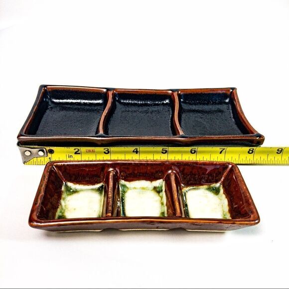 Two Ceramic 3-Saucer Soy, Ginger, Wasabi Serving Dishes - Picture 7 of 7